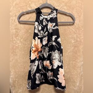 White House Black Market Black Floral Halter Top Tie Neck Sleeveless Blouse